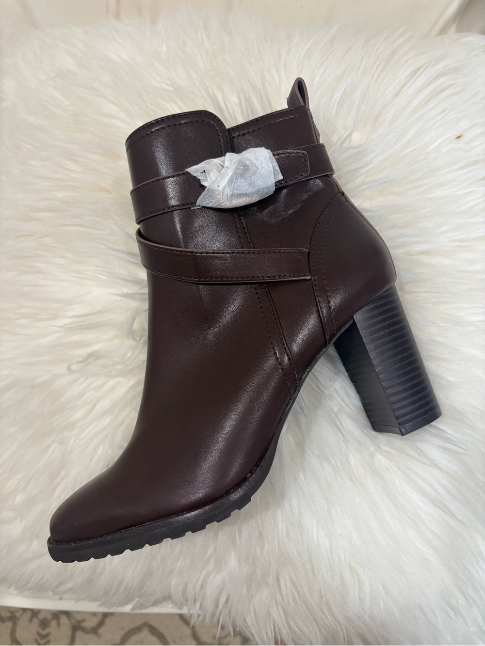 Giani Bernini Dark Brown Leather Block Heel Ankle Boot with Wrap Strap
